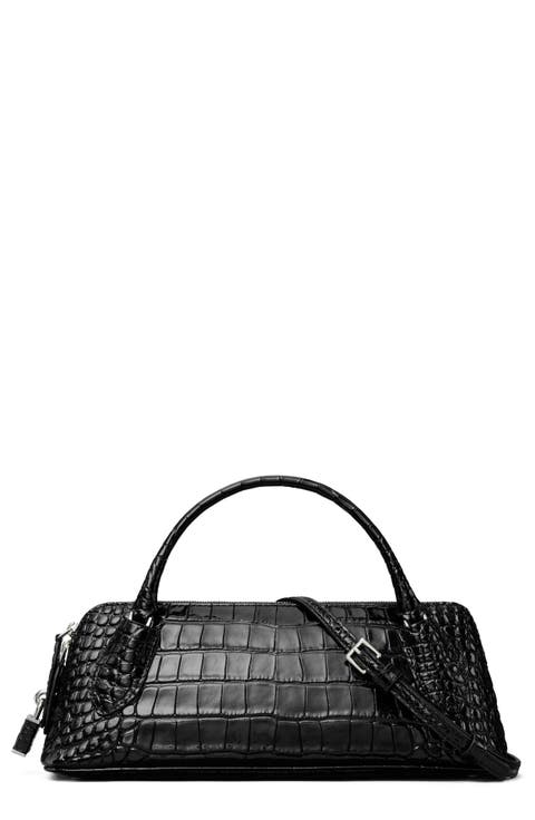 Lock Croc Embossed Leather Top Handle Bag