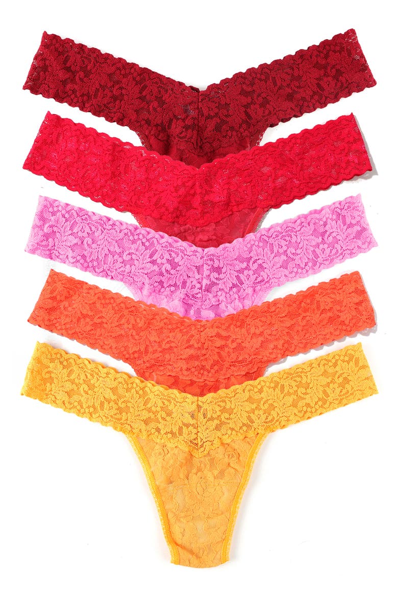 Assorted 5-Pack Lace Low Rise Thongs, Main, color, BODREAUX/CORAL/ROSE/ORANGE