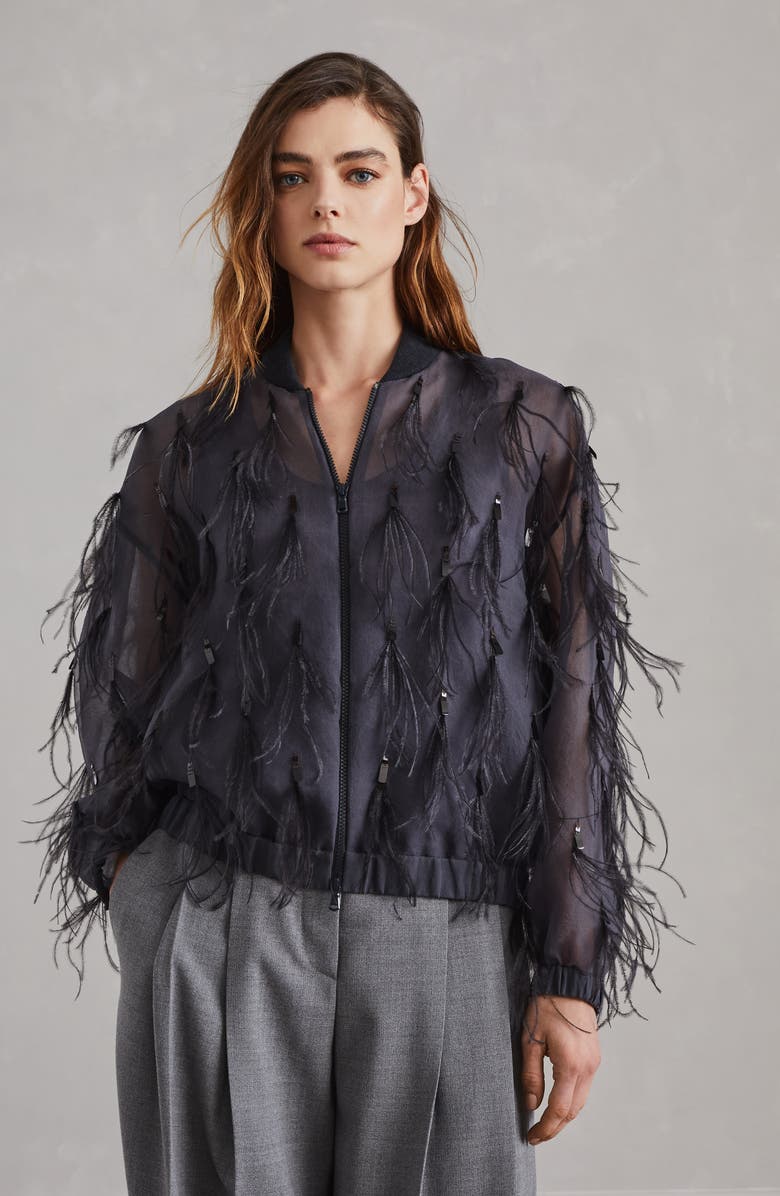 Brunello Cucinelli Crispy silk bomber jacket with dazzling feather embroidery, Alternate, color, 