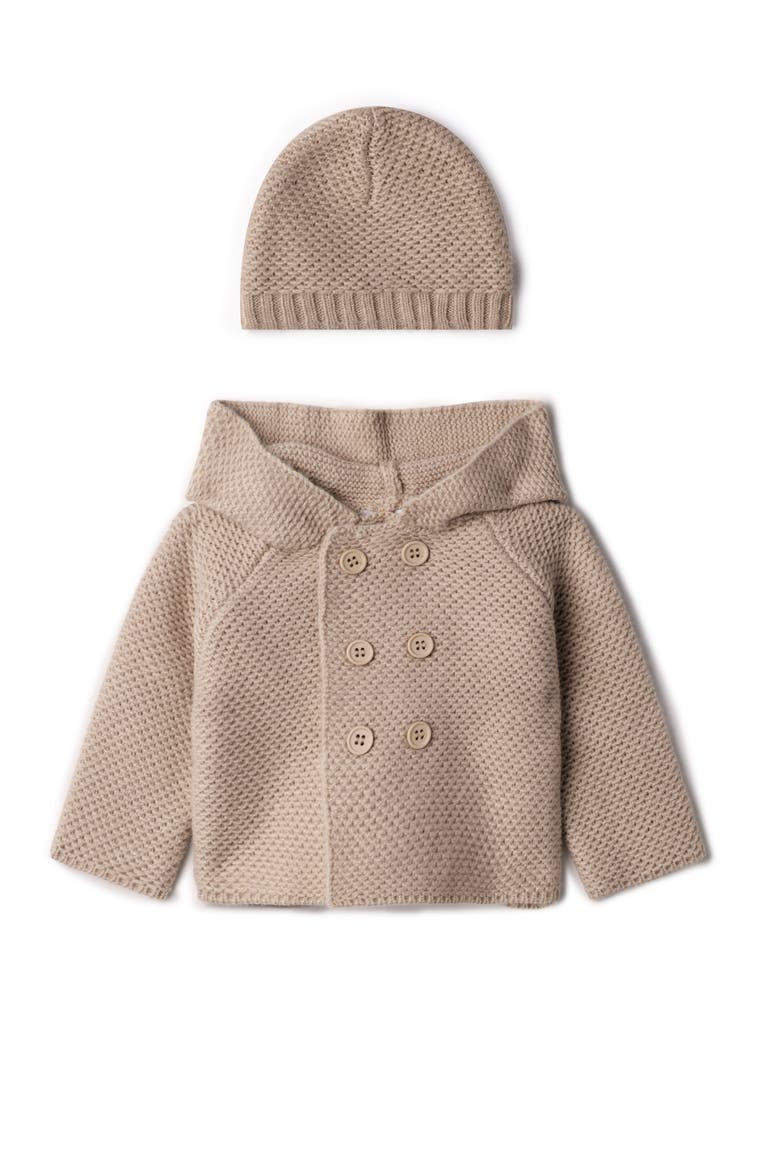 Baby Knit Jacket with Hat - Hooded, Button Front, Fur-Trim, Alternate, color, Stone Mix
