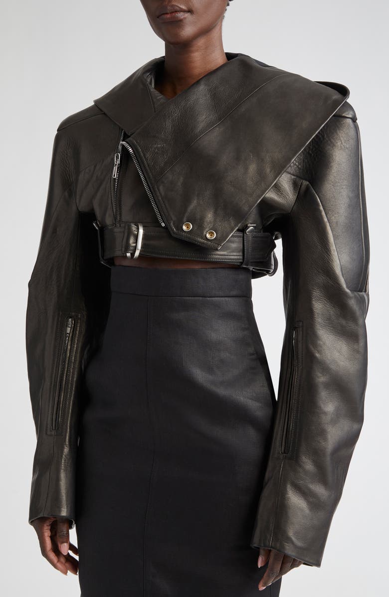 Rick Owens Hooded Leather Micro Moto Jacket, Alternate, color, 