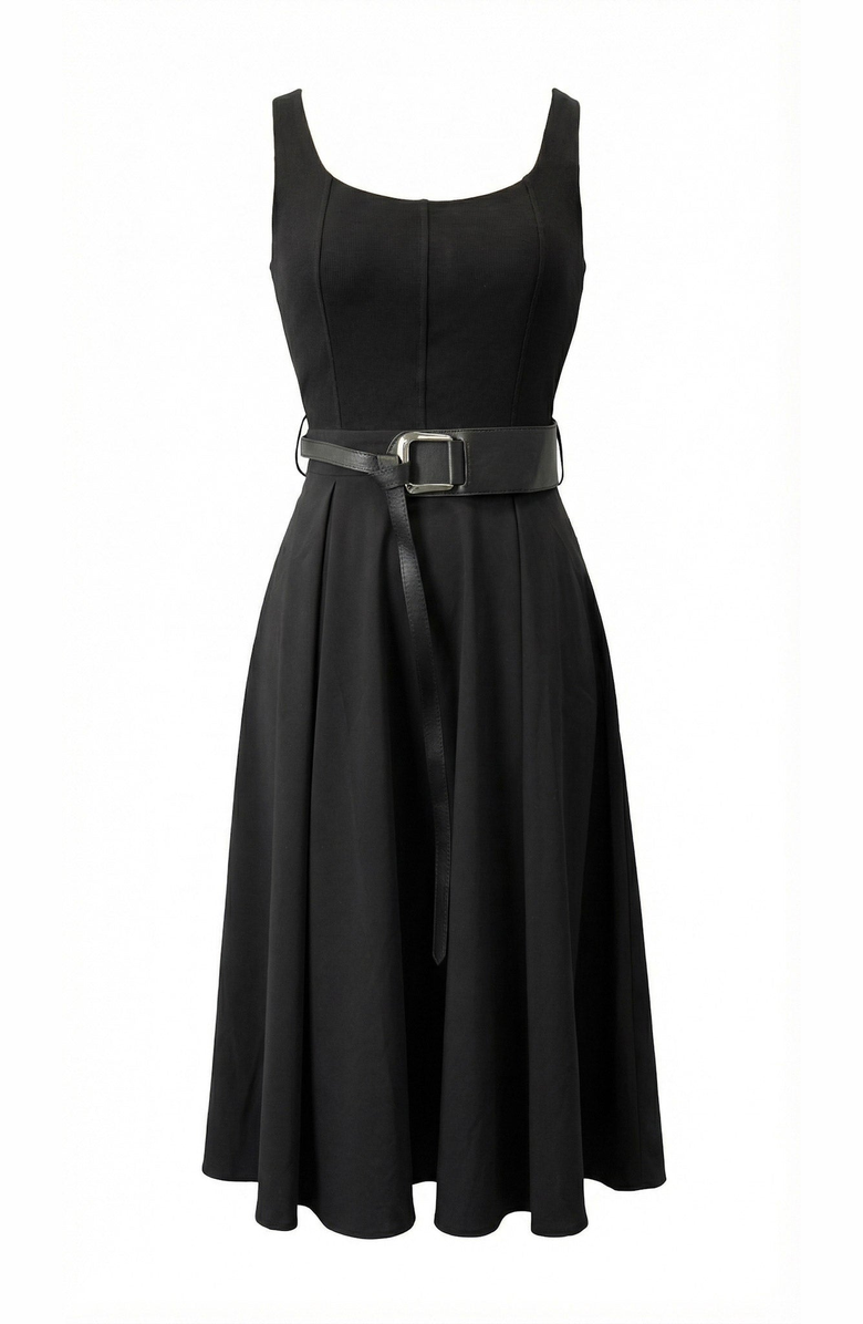 Modenaire Belted Scoop Neck Midi Dress, Alternate, color, Black