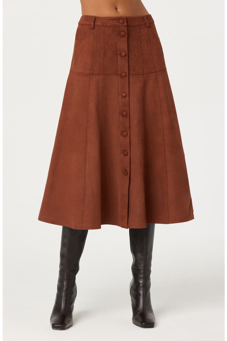 Zoya Faux Suede Midi Skirt, Main, color, BROWN