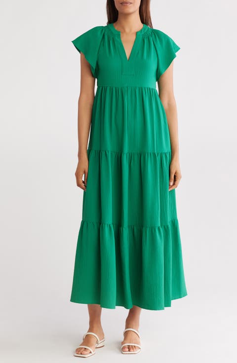 Flutter Sleeve Tiered A-Line Maxi Dress