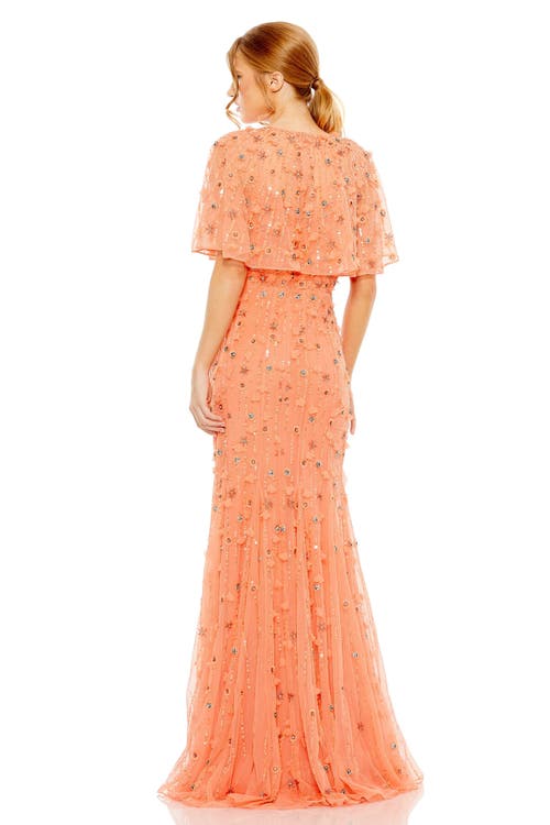 Mac Duggal Embellished Illusion Cape Sleeve Trumpet Gown In Coral