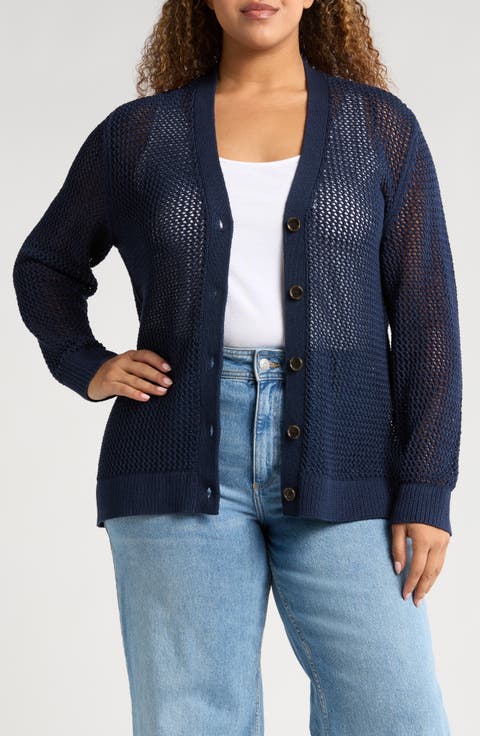 Open Stitch Cotton Cardigan (Plus)