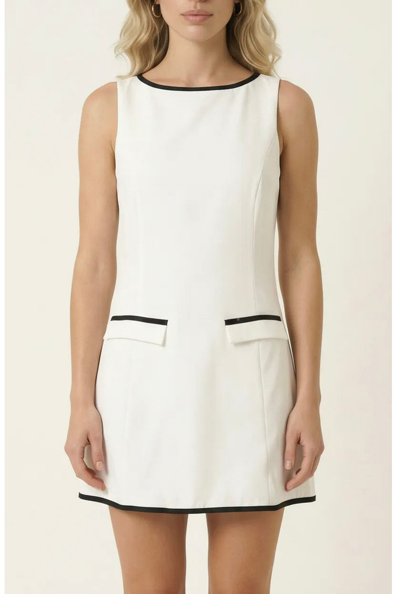 Sleeveless A-Line Mini Dress with Contrast Trim and Faux Pockets, Alternate, color, Off-white / Black