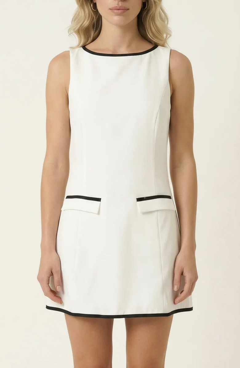 Modenaire Sleeveless A-Line Mini Dress with Contrast Trim and Faux Pockets, Alternate, color, Off-White / Black