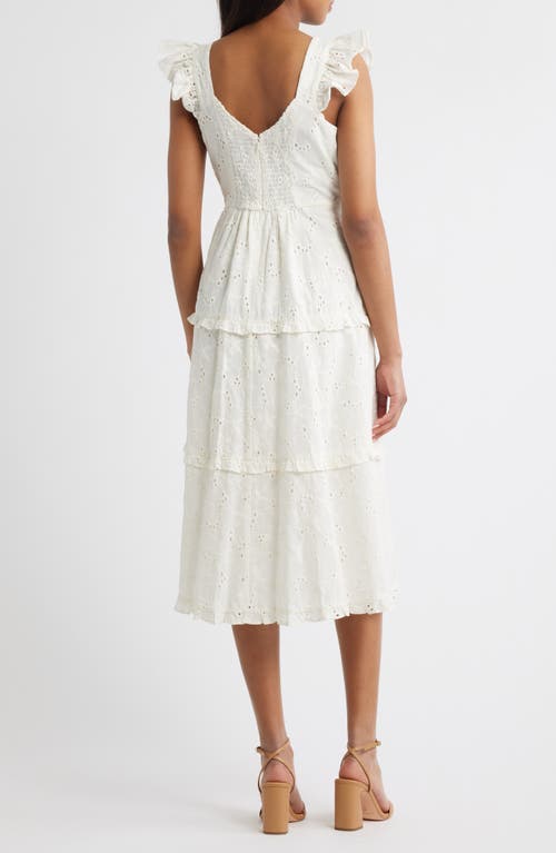 Anne Klein Embroidered Eyelet Cotton Tiered Midi Dress In Pearl White