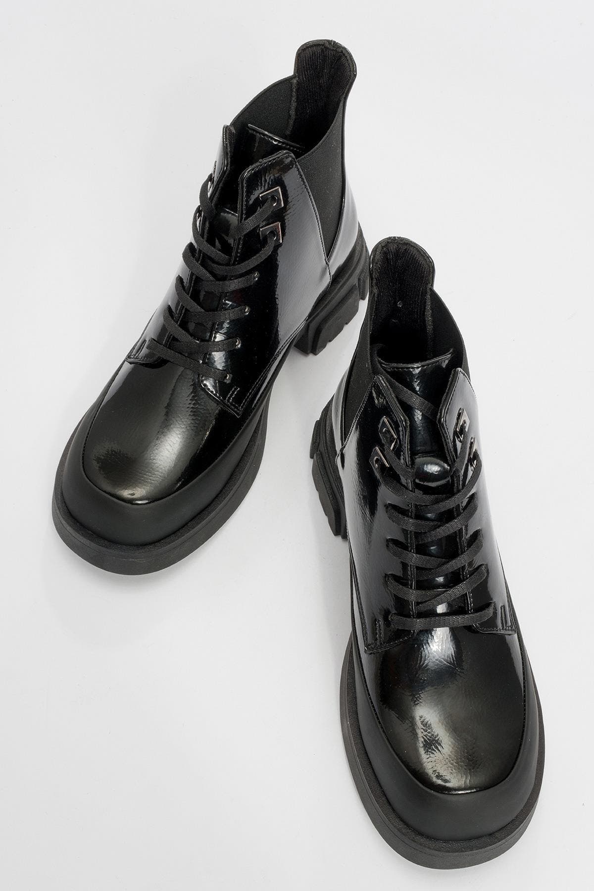 Challo Combat Boot, Alternate, color, Black Patent Faux Leather