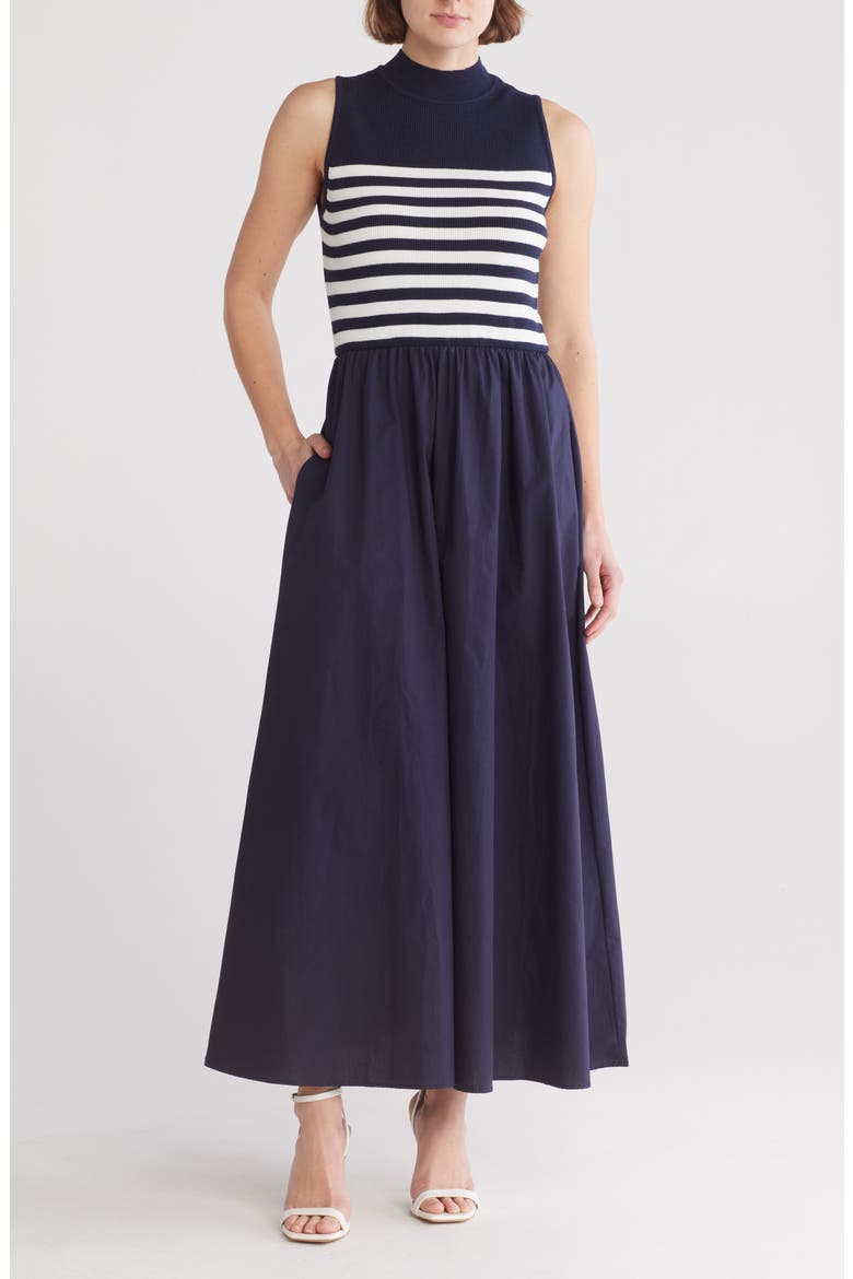 Country Club Sleeveless Mixed Media Maxi Dress, Main, color, PITCH NAVY/ WHITE STRIPE
