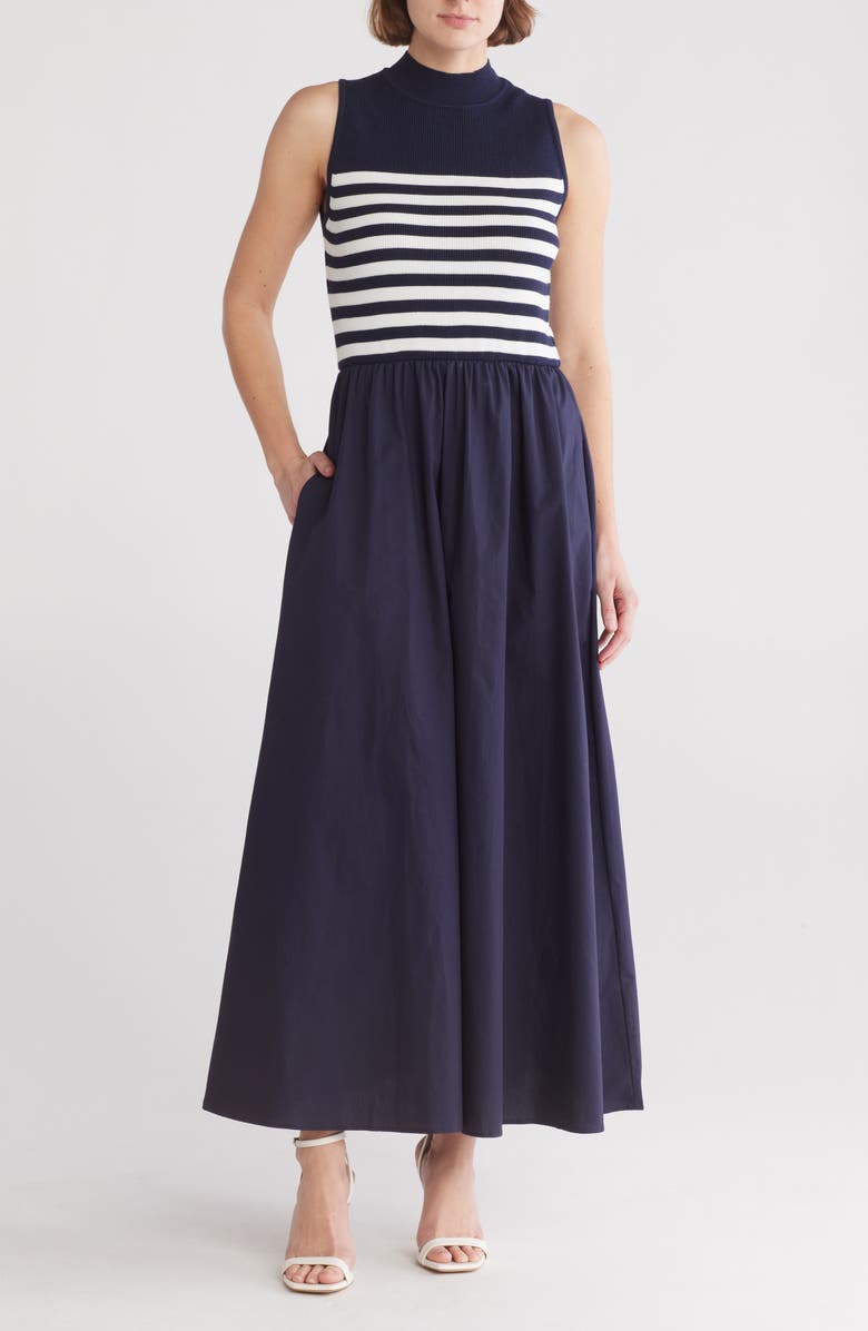 BY DESIGN Country Club Sleeveless Mixed Media Maxi Dress, Main, color, Pitch Navy/ White Stripe