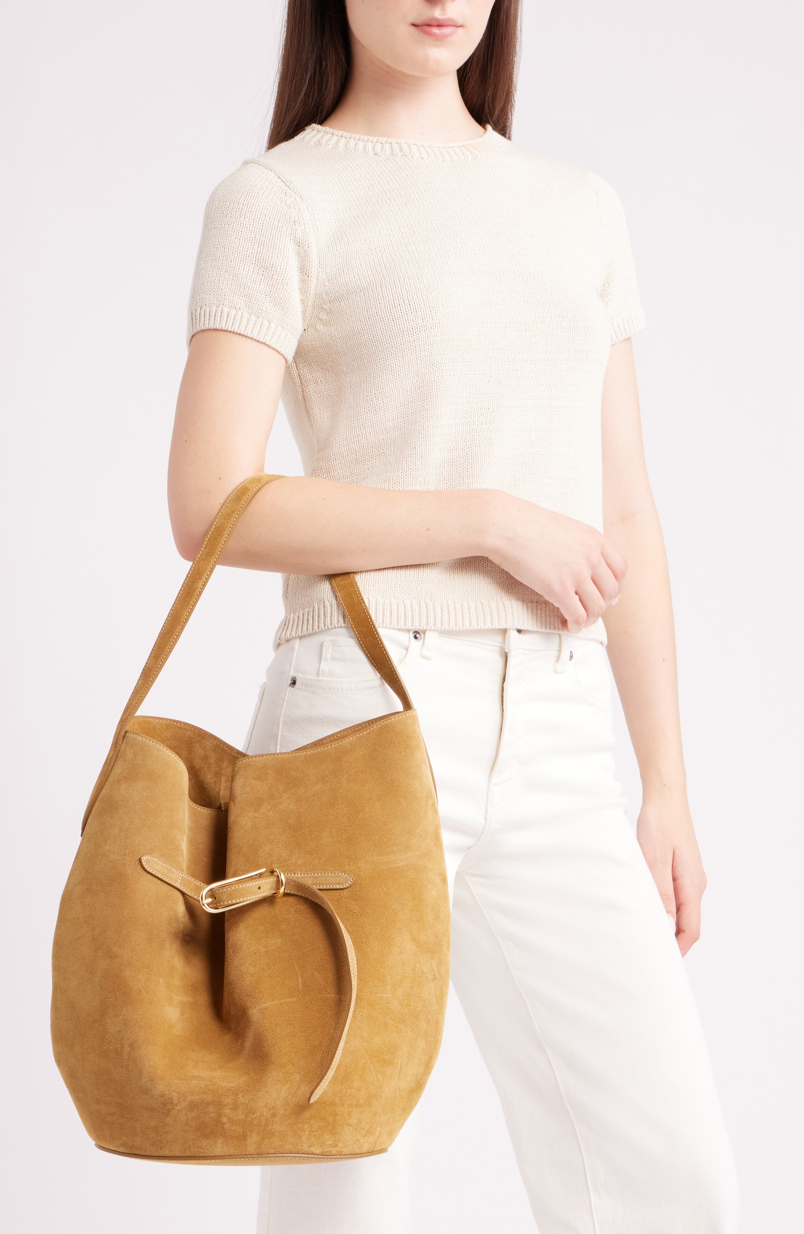Large Belted Suede Bucket Bag, Alternate, color, SAND