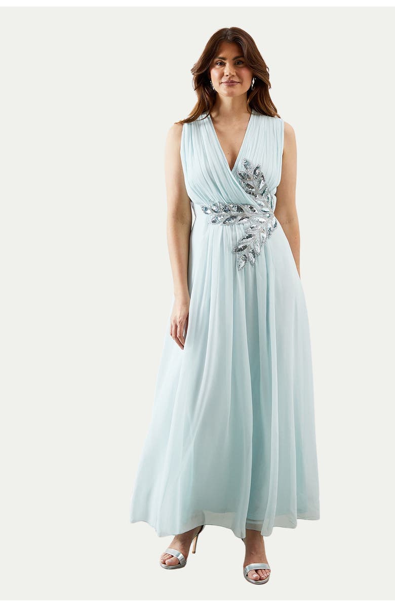 Wallis Embellished Wrap Georgette Maxi Dress, Main, color, Ice Blue