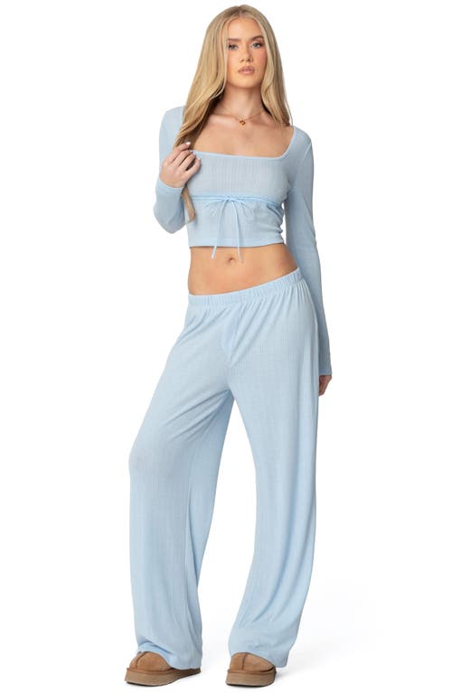 Edikted Ren Pointelle Long Sleeve Crop Top In Light-blue