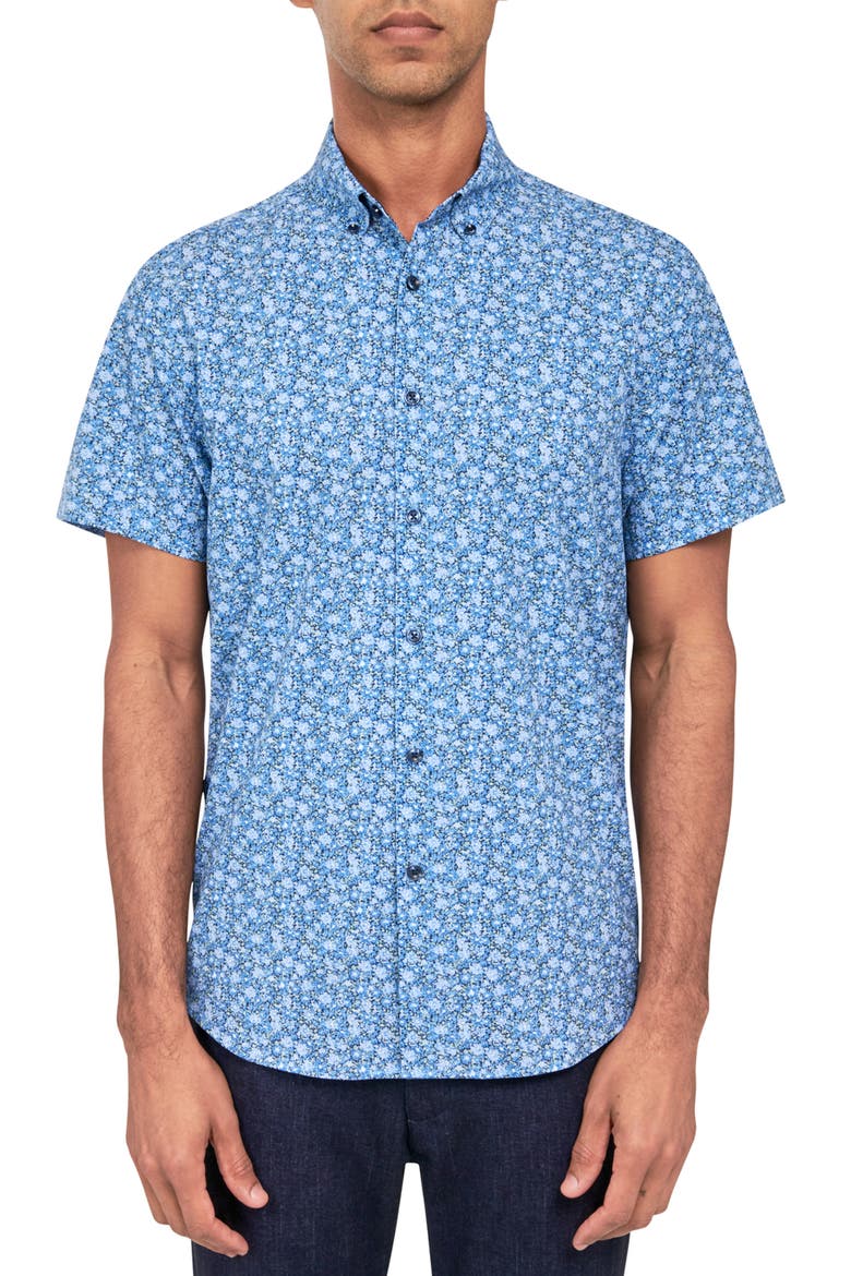 Slim Fit Ditsy Floral 4-Way Stretch Performance Short Sleeve Shirt, Main, color, BLUE