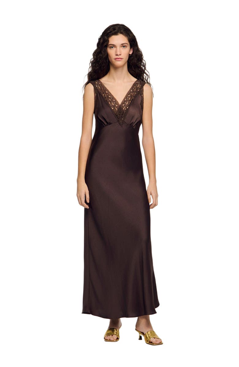 SANDRO Lace collar maxi dress, Alternate, color, Brown