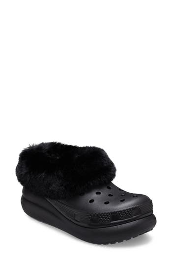 Crocs Classic Furever Crush Faux Shearling Lined Clog In Black