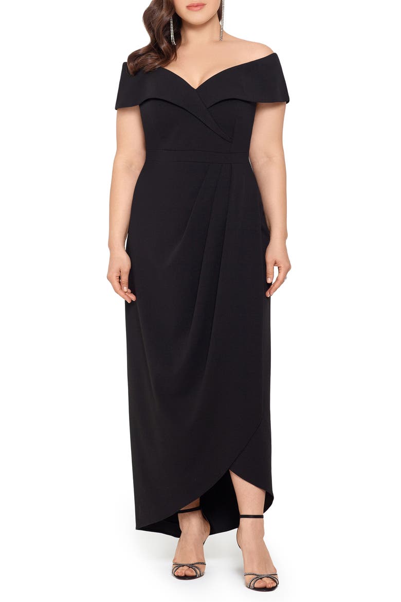 Xscape Off the Shoulder Surplice Gown, Main, color, BLACK