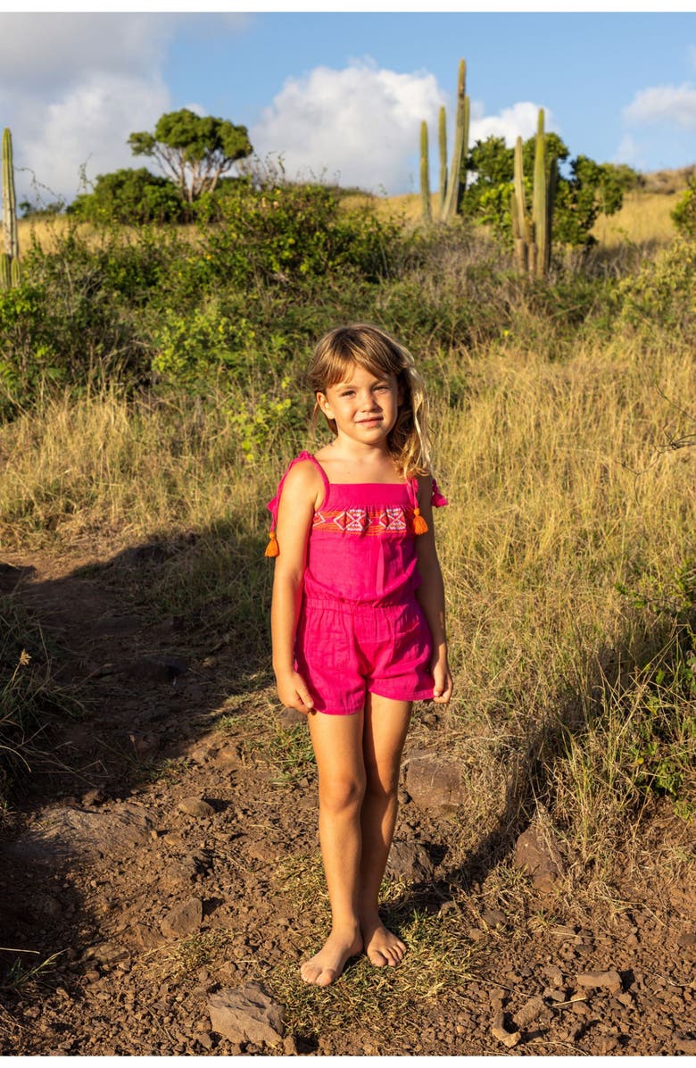Mer St. Barth Inez Girl's Shoulder Tie Romper Raspberry Embroidery, Alternate, color,