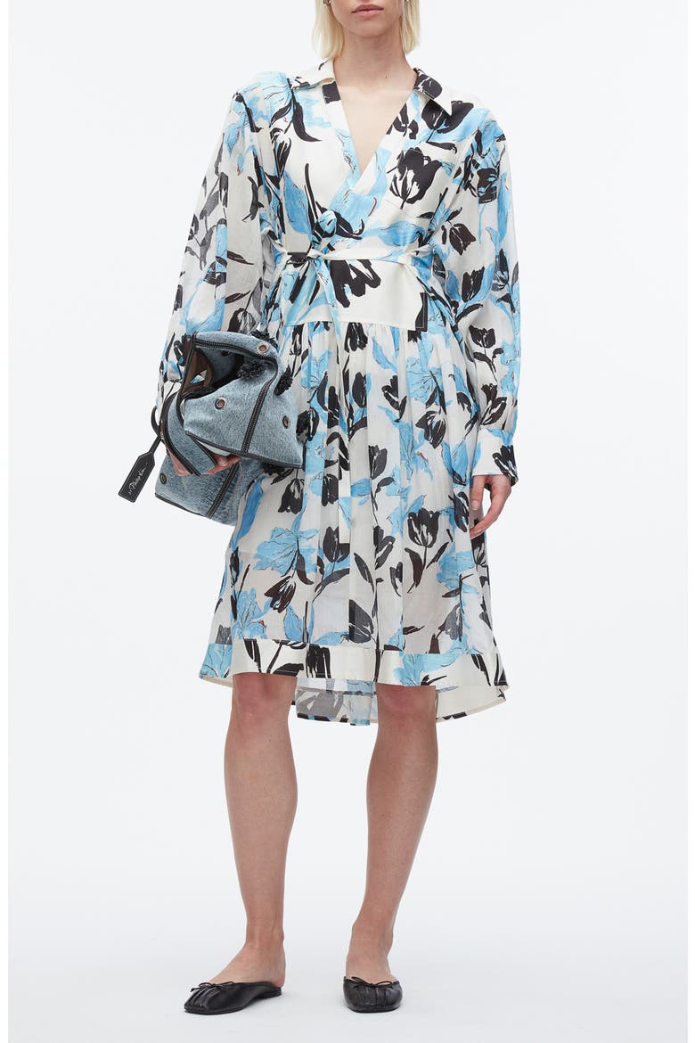 Joyful Tulips Long Sleeve Silk Blend Shirtdress, Main, color, IVORY MULTI