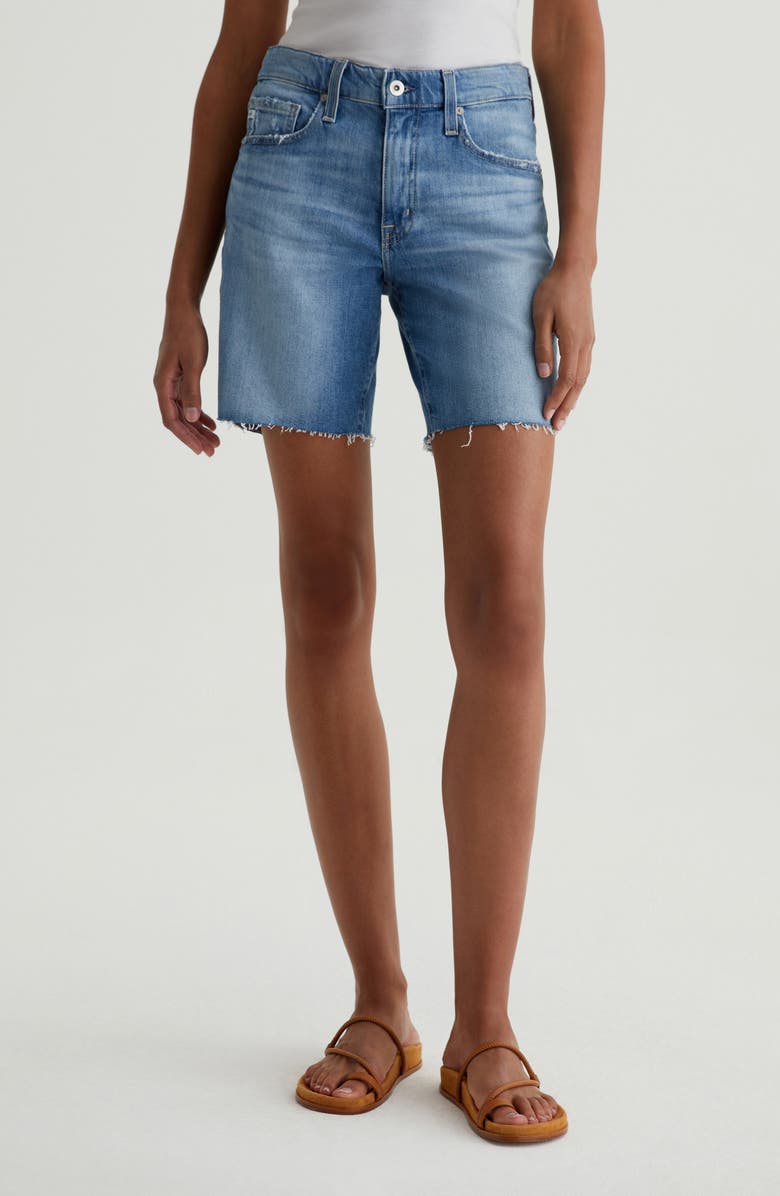 AG Ex-Boyfriend Distressed Raw Hem Mid Length Denim Shorts, Main, color, Iris