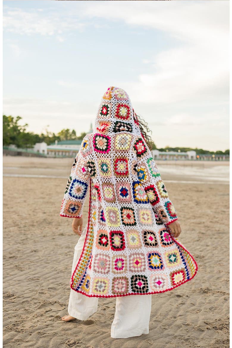 Hooded Square Crochet Ruana, Alternate, color, WHITE COMBO