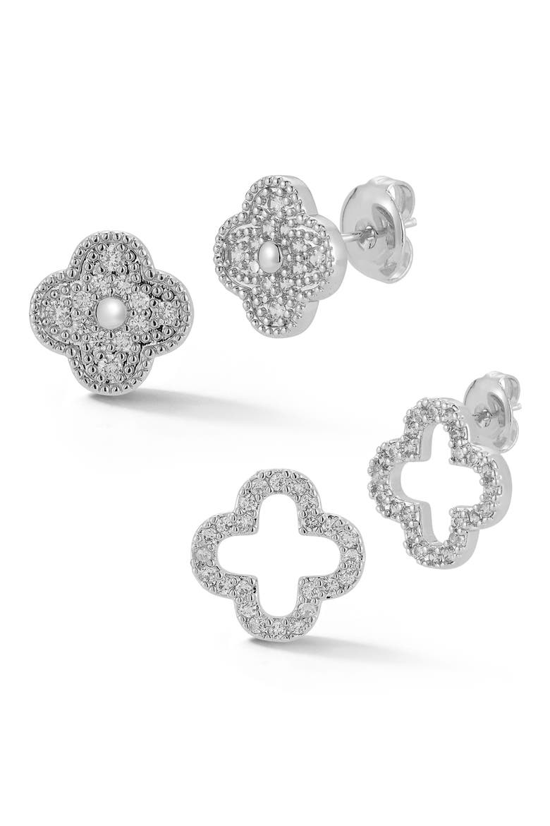 Set of 2 Cubic Zirconia Clover Stud Earrings, Main, color, SILVER