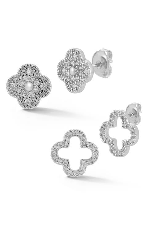 Set of 2 Cubic Zirconia Clover Stud Earrings