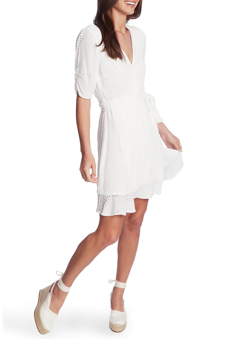 Eyelet Crinkle Gauze Faux Wrap Dress, Alternate, color, SOFT ECRU