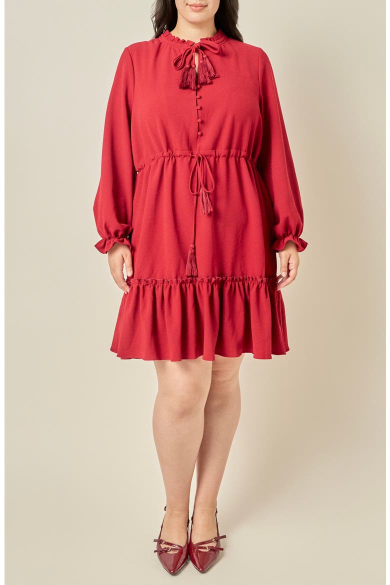 Tassel Trim Ruffle Dress, Main, color, BURGUNDY