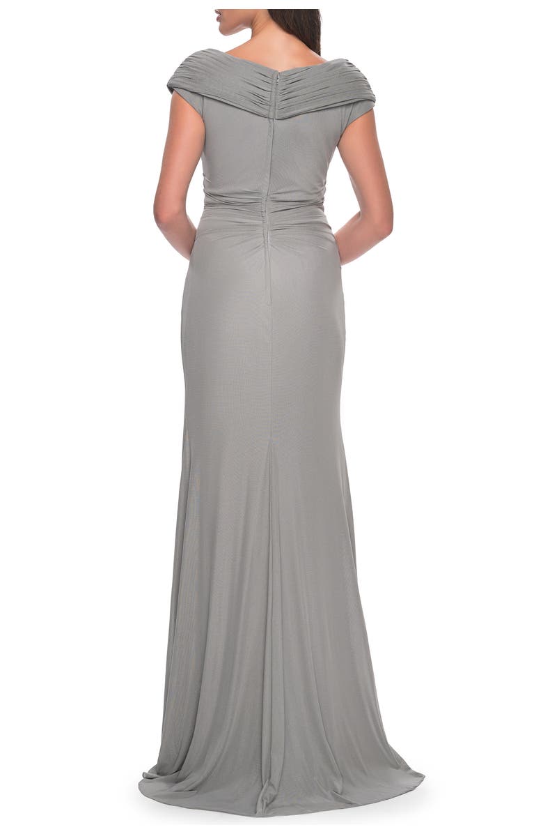 La Femme Elegant Net Jersey Long Gown with Ruching, Alternate, color, Silver