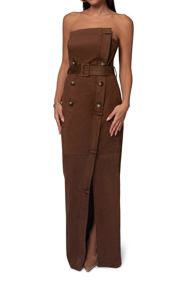 JLUXLABEL Chocolate Xena Belted Strapless Faux Suede Maxi Dress, Main, color, Brown