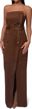 JLUXLABEL Chocolate Xena Belted Strapless Faux Suede Maxi Dress