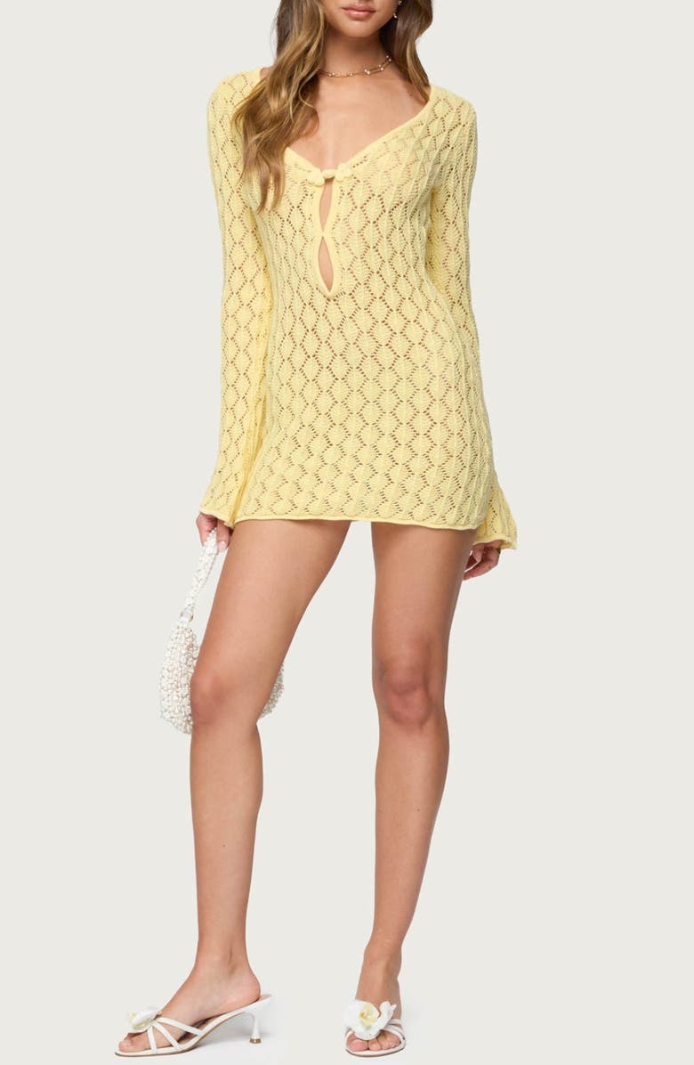 EDIKTED Brie Open Stitch Long Sleeve Mini Sweater Dress, Main, color, Yellow