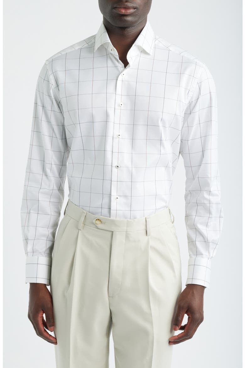 Modern Fit Windowpane Check Non-Iron Cotton Twill Dress Shirt, Main, color, BROWN