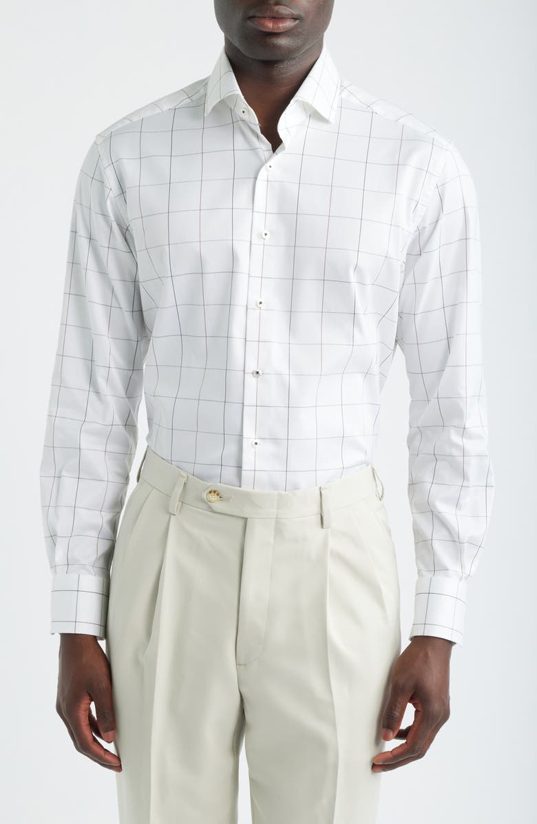1863 by Eterna Modern Fit Windowpane Check Non-Iron Cotton Twill Dress Shirt, Main, color, Brown
