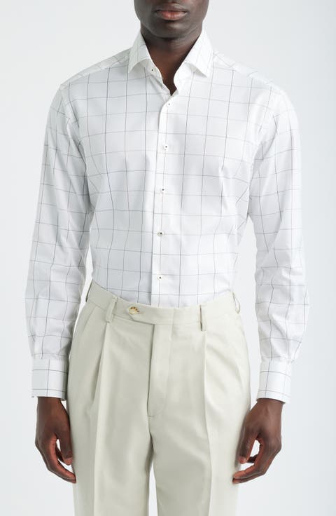 Modern Fit Windowpane Check Non-Iron Cotton Twill Dress Shirt (Regular & Big)