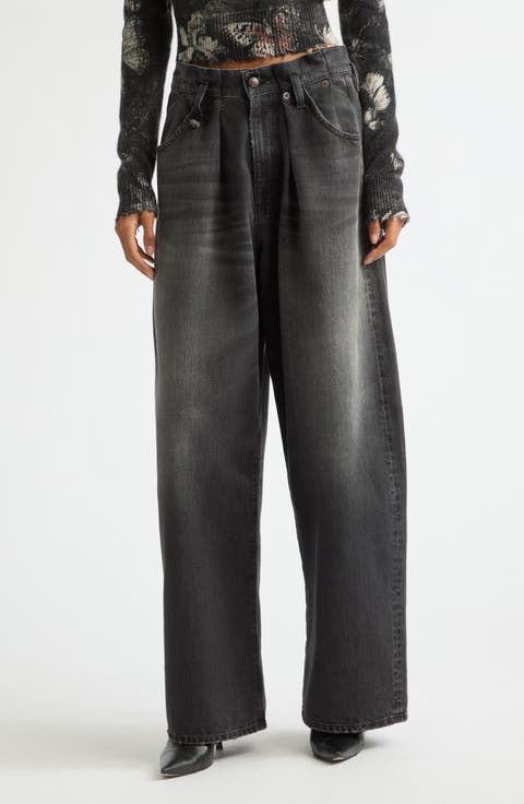 Pleated Waistband Wide Leg Jeans