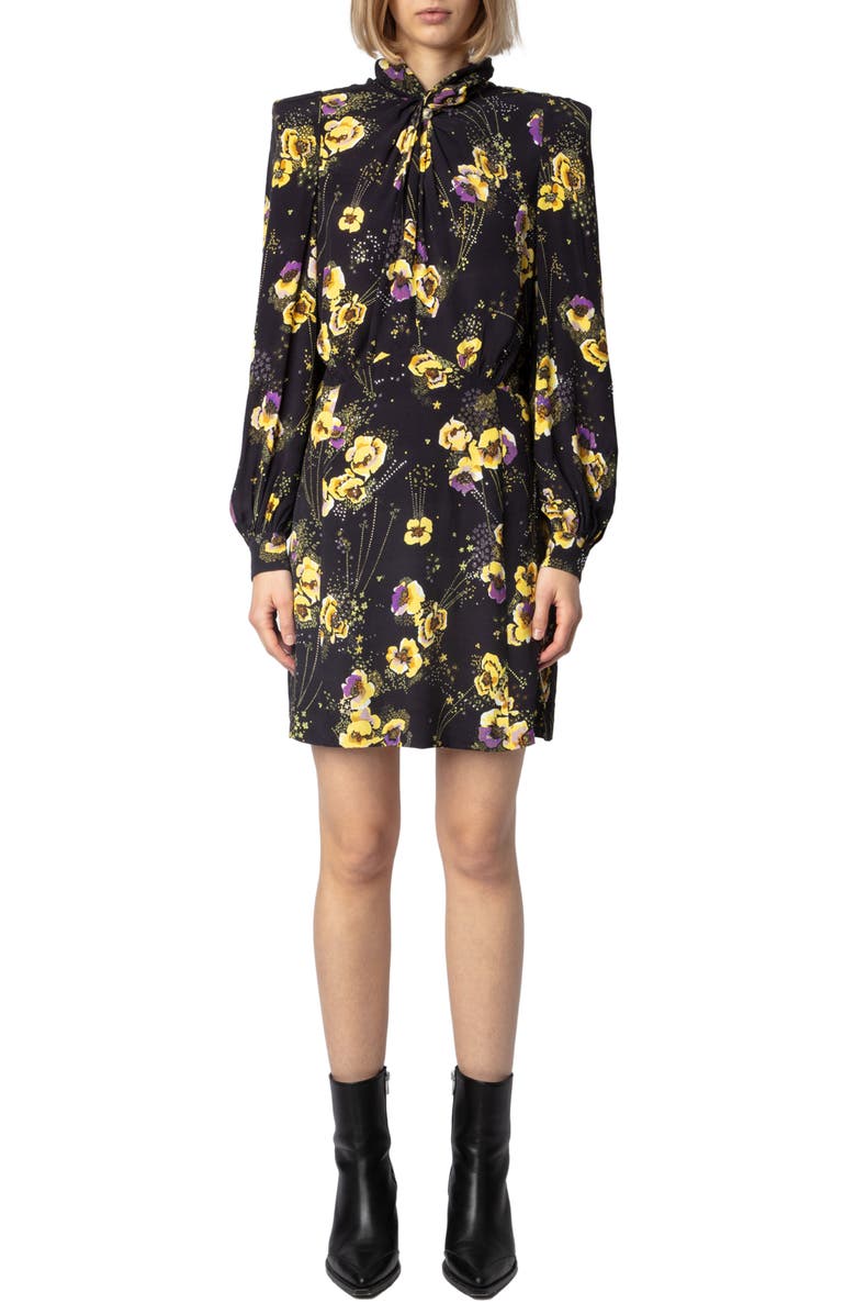 Zadig & Voltaire Ryda Yoko Strass Tie Neck Long Sleeve Crepe Dress, Main, color, 