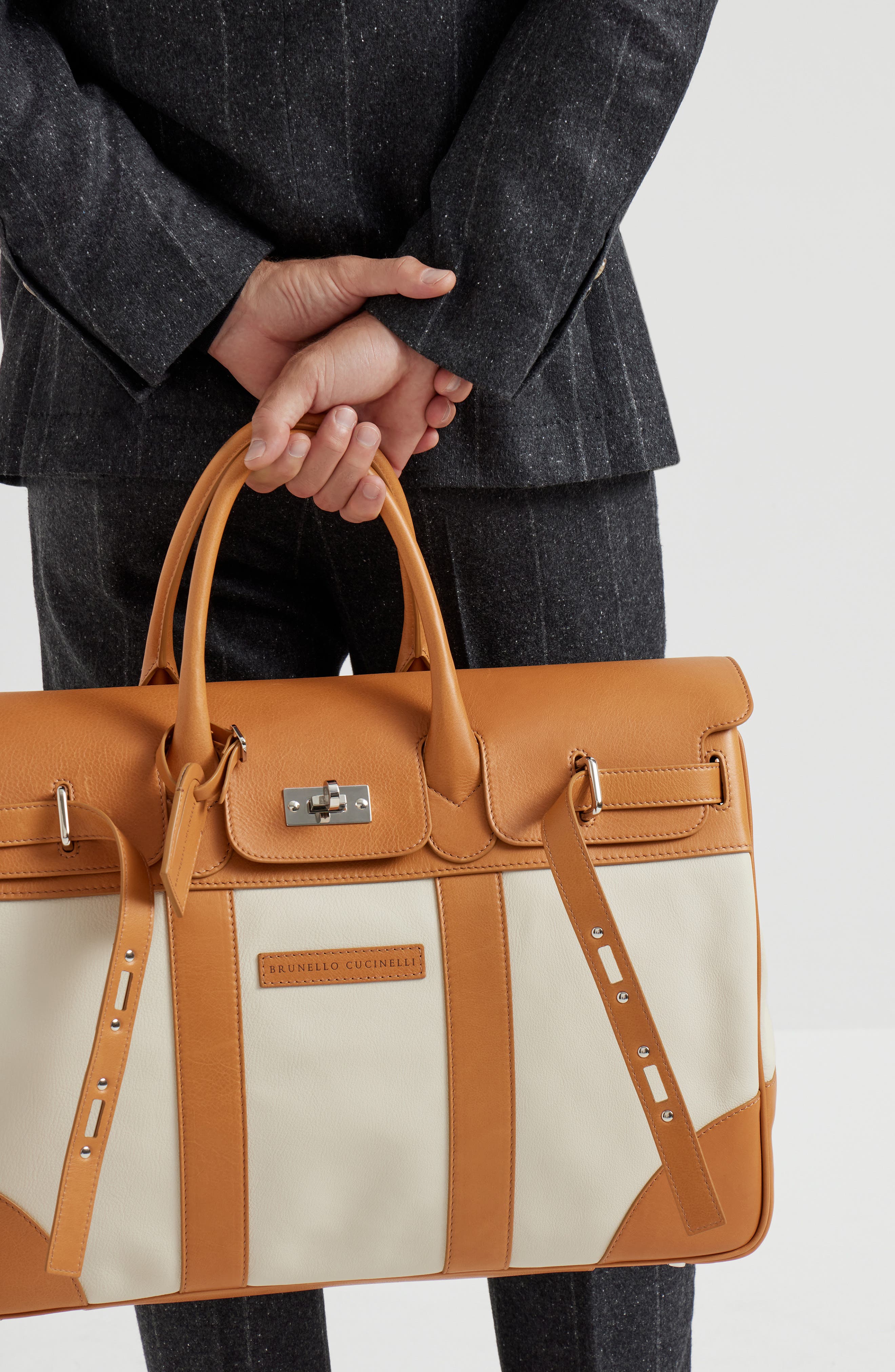 Brunello Cucinelli Calfskin and cowhide bag, Alternate, color, Ivory