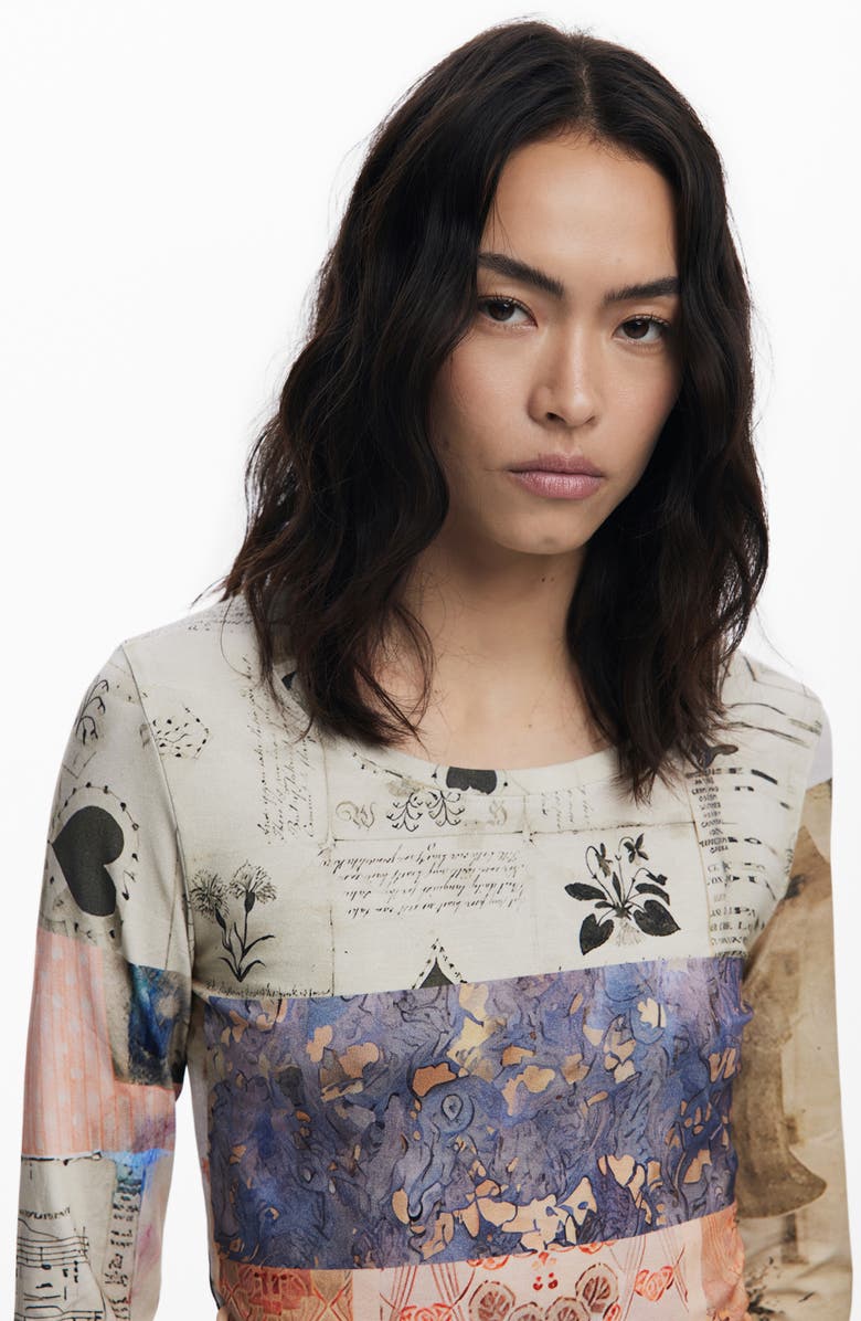 Desigual Pieced Print Long Sleeve T-Shirt, Alternate, color, Beige