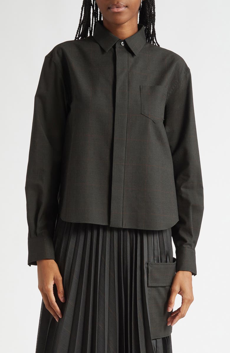 Sacai Glen Check Mixed Media Button-Up Shirt, Main, color, Black/ Khaki