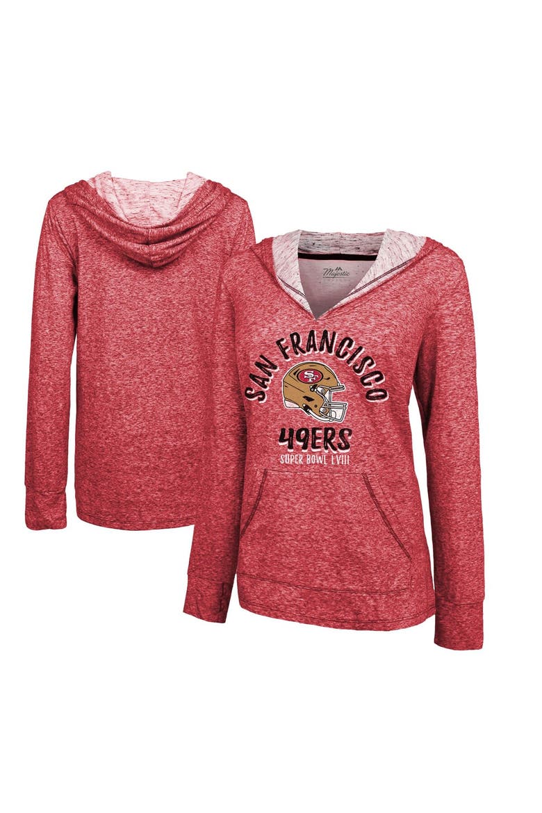 Women's Majestic Threads  Scarlet San Francisco 49ers Super Bowl LVIII Victory Slub V-Neck Pullover Hoodie, Main, color, Scarlet