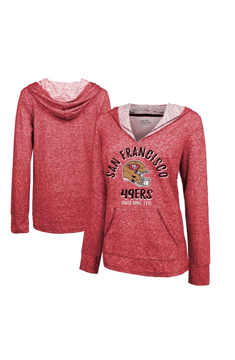Majestic Threads Women's Majestic Threads  Scarlet San Francisco 49ers Super Bowl LVIII Victory Slub V-Neck Pullover Hoodie, Main, color, 