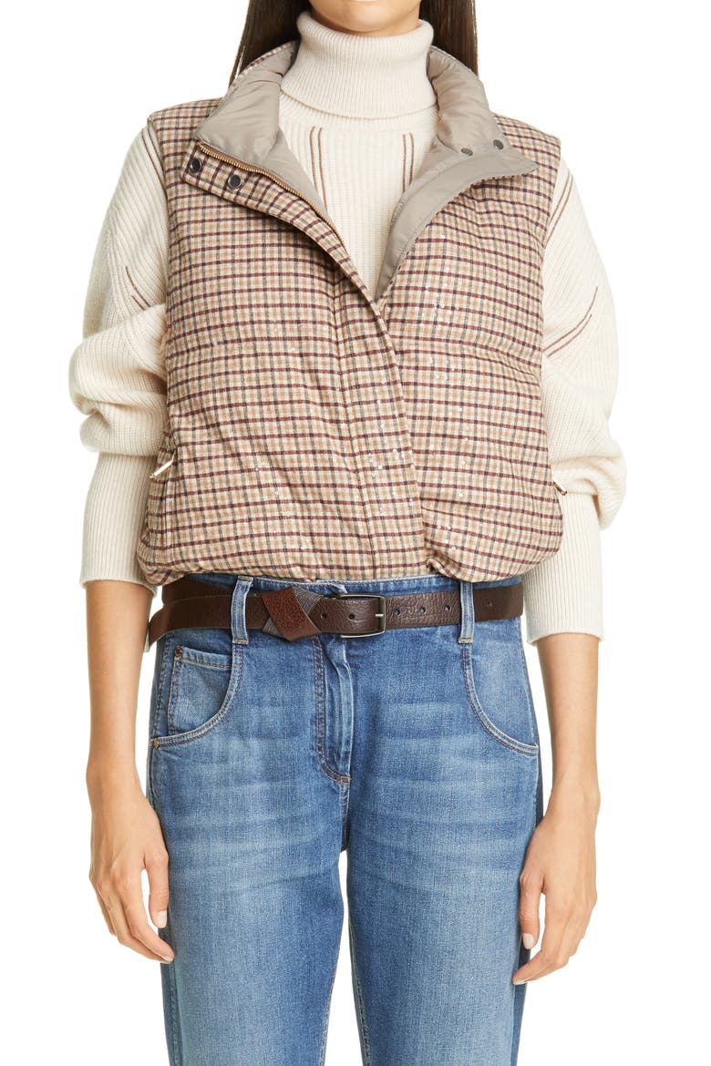 Check Down Quilted Vest, Main, color, C003 BEIGE TOBACCO