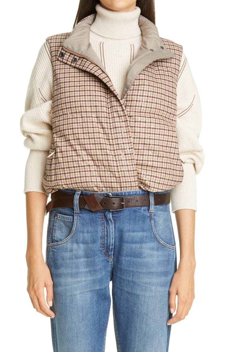 Brunello Cucinelli Check Down Quilted Vest, Main, color, 