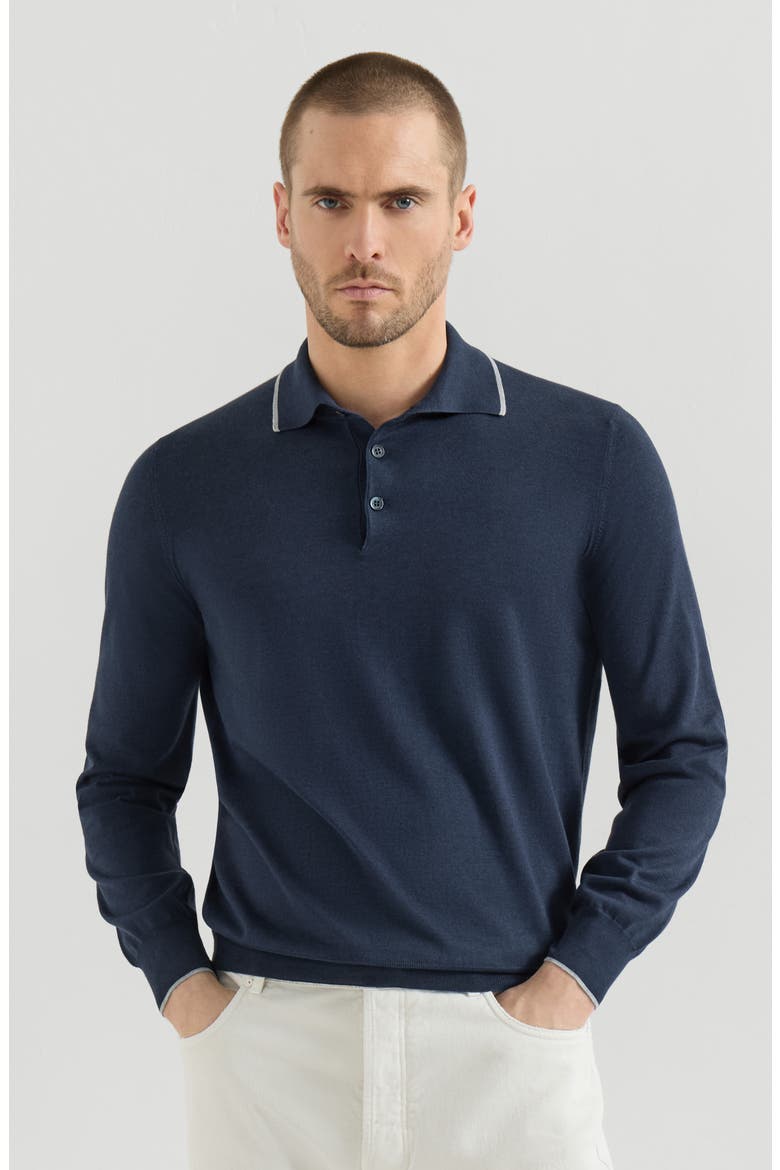 Sea Island cotton and cashmere lightweight knit polo, Main, color, Avio Blue