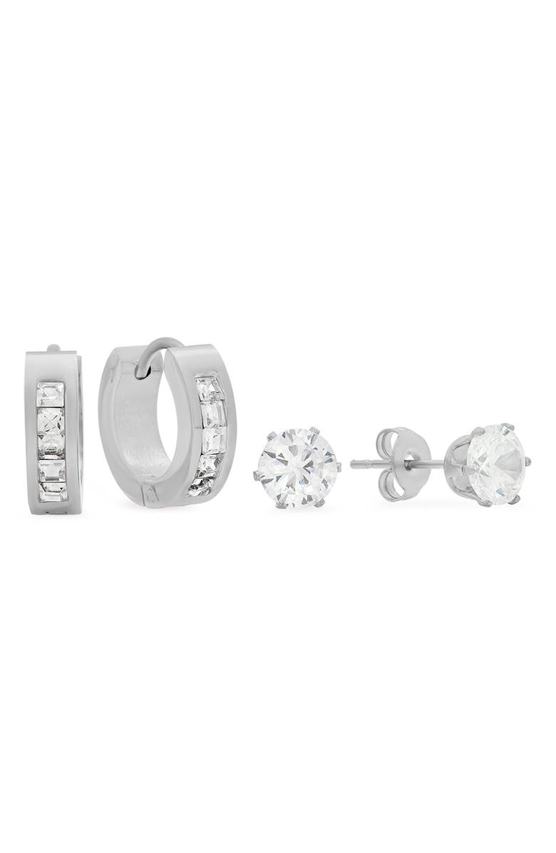 HMY JEWELRY Men's Set of 2 Stud & Hoop Earrings, Main, color, Silver