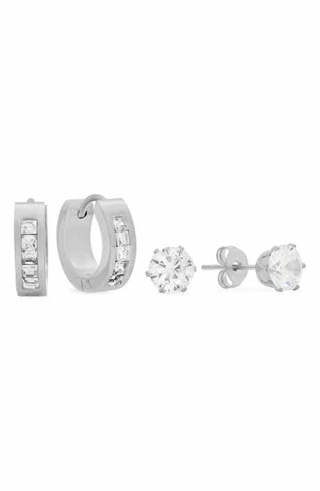 HMY JEWELRY Men's Set of 2 Stud & Hoop Earrings